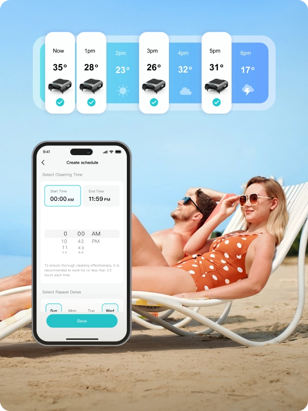 Scheduling Aiper Surfer S2 cleaning tasks via mobile app while lounging on the beach.