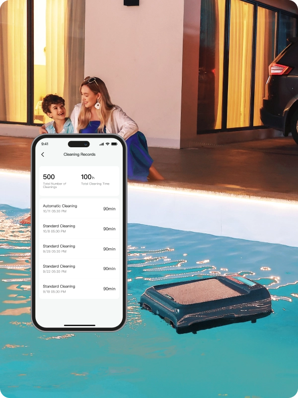 Checking Aiper Surfer S2 pool skimmer cleaning history using mobile app.