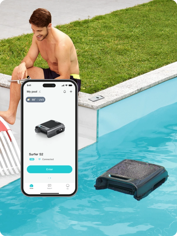 Monitoring Aiper Surfer S2 skimmer status via app beside the pool.