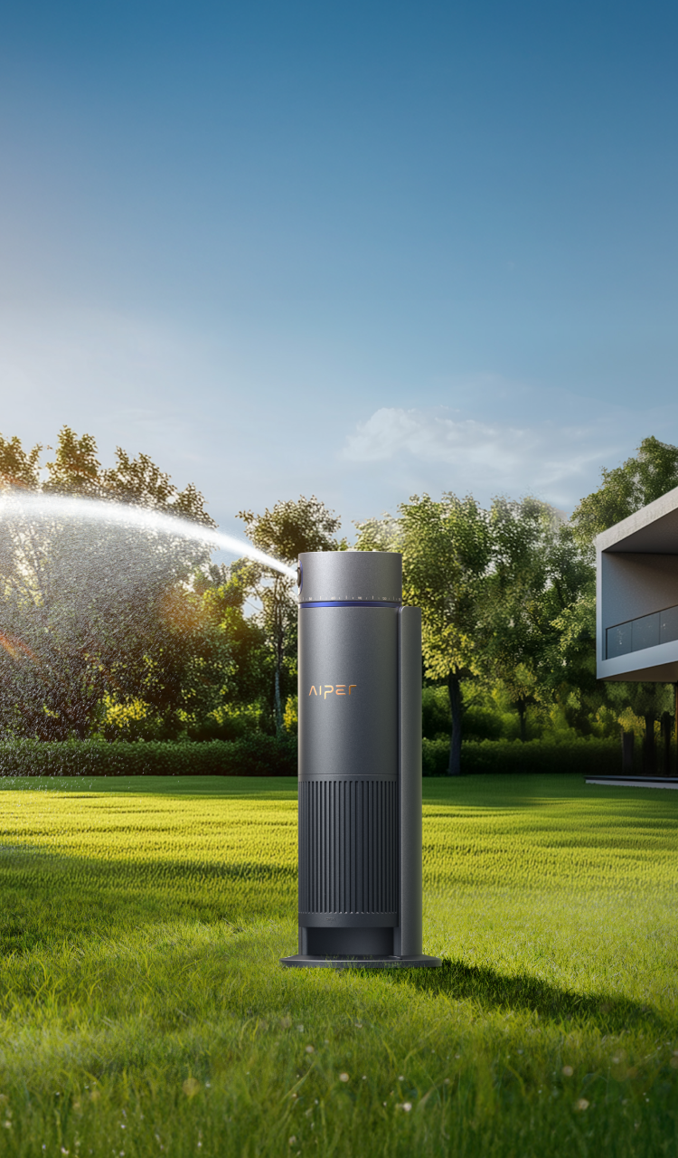 Aiper IrriSense smart irrigation system spraying water efficiently across a green lawn.