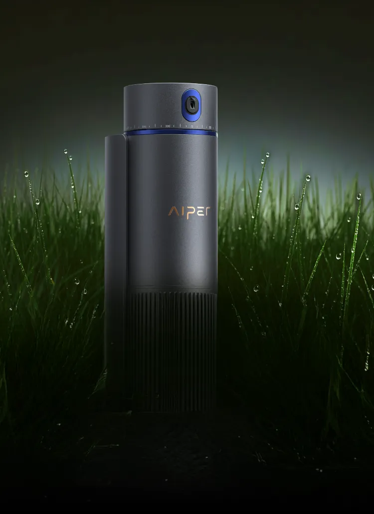 Moody outdoor scene of IrriSense 2 on dewy grass, emphasizing the smart irrigation design.