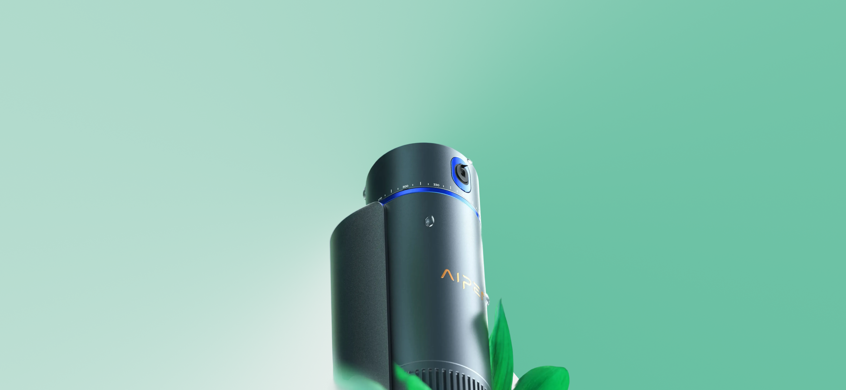 Aiper IrriSense 2 smart irrigation sprinkler close-up with blue control ring on a green gradient background.