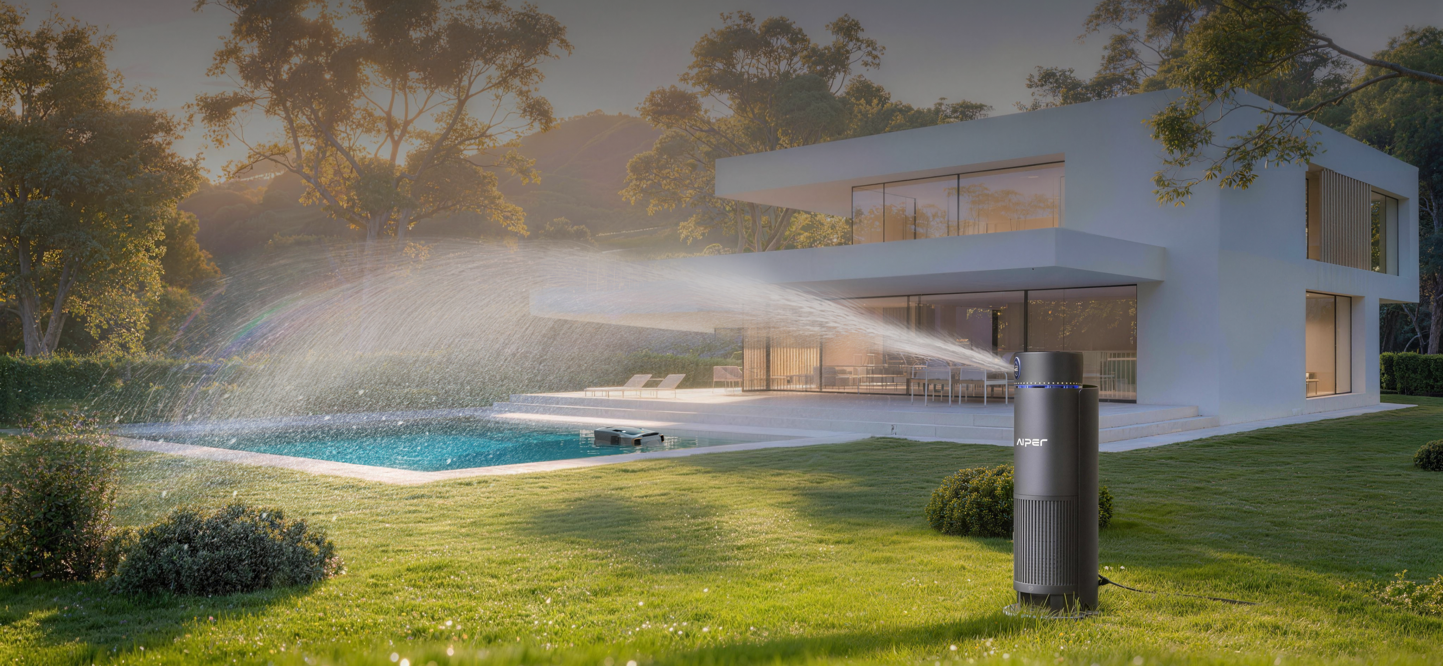 Aiper Irrisense 2 smart irrigation system watering a large lawn beside a modern home, delivering wide-arc sprinkler coverage.