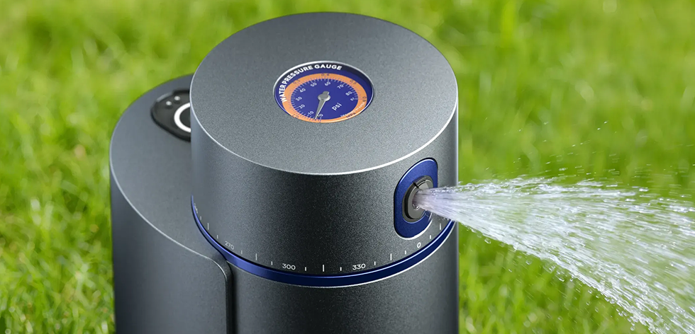 Close-up of Aiper Irrisense 2 sprinkler system nozzle spraying water on grass for precise irrigation control.