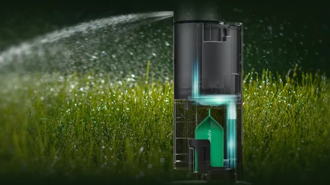 Aiper IrriSense 2 SoilPulse™ cartridge shown inside the irrigation unit for feeding nutrients through every watering cycle.