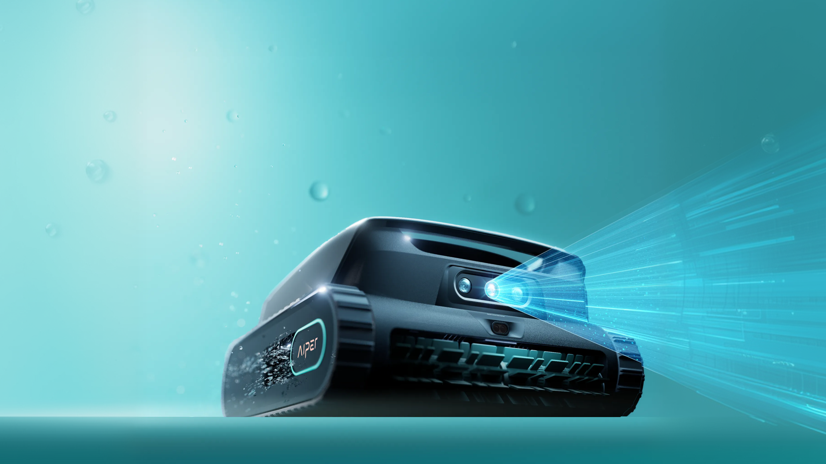 Underwater view of Scuba V3 with AI VisionPath™ camera projecting obstacle-detection beams for automated pool cleaning.