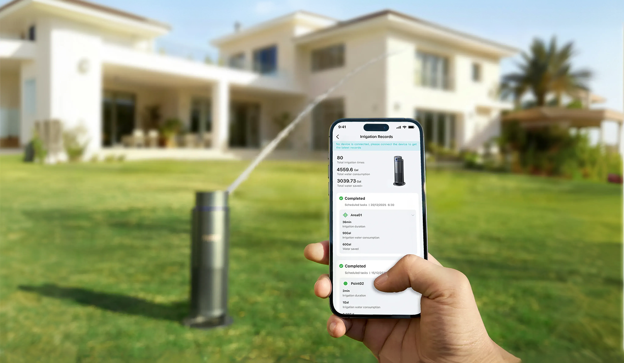 Irrisense2 sprinkler system running on the lawn while the mobile app manages irrigation settings and schedules.