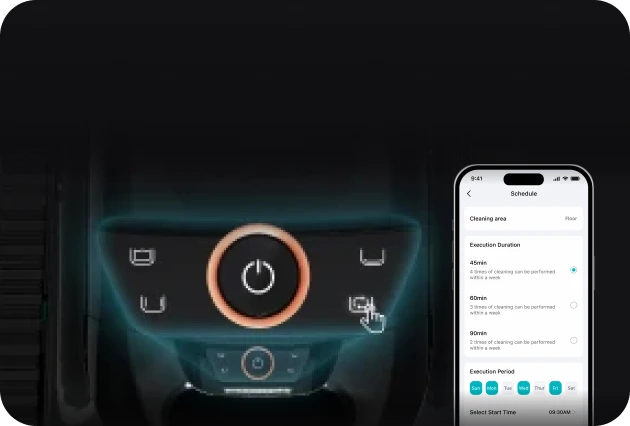 Aiper Scuba S1 top control panel displaying scheduled cleaning mode interface.