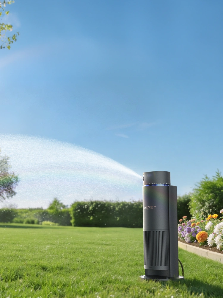 Close-up of Aiper IrriSense 2 smart irrigation system with a blue control ring, framed by leaves and water droplets.