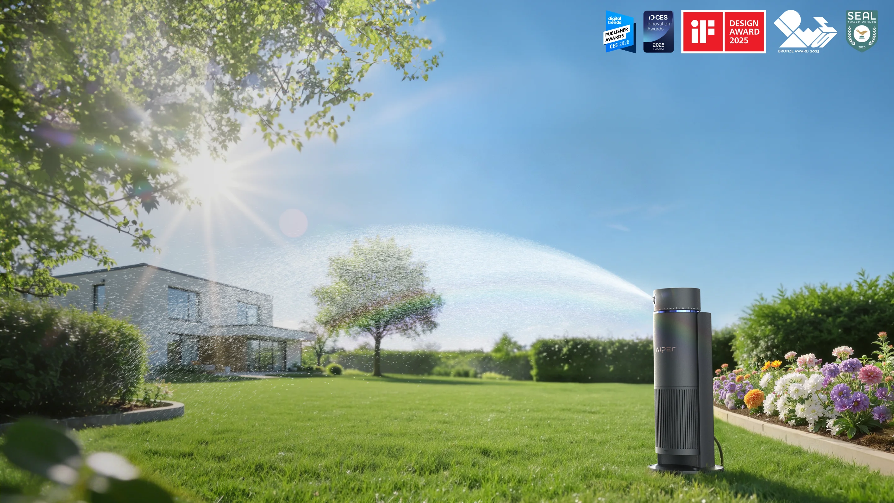 Close-up of Aiper IrriSense 2 smart irrigation system with a blue control ring, framed by leaves and water droplets.